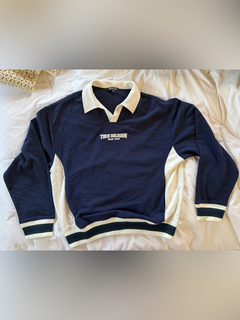 LAST CHANCE!  NWOT True Religion Navy and White Boxy Rugby-Style Pullover